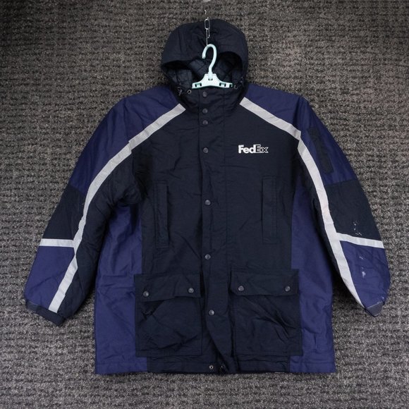 Fedex Jacket Mens XL Blue Purple Full Zip Snap Hooded Quilt Lined Workwear - Picture 1 of 15